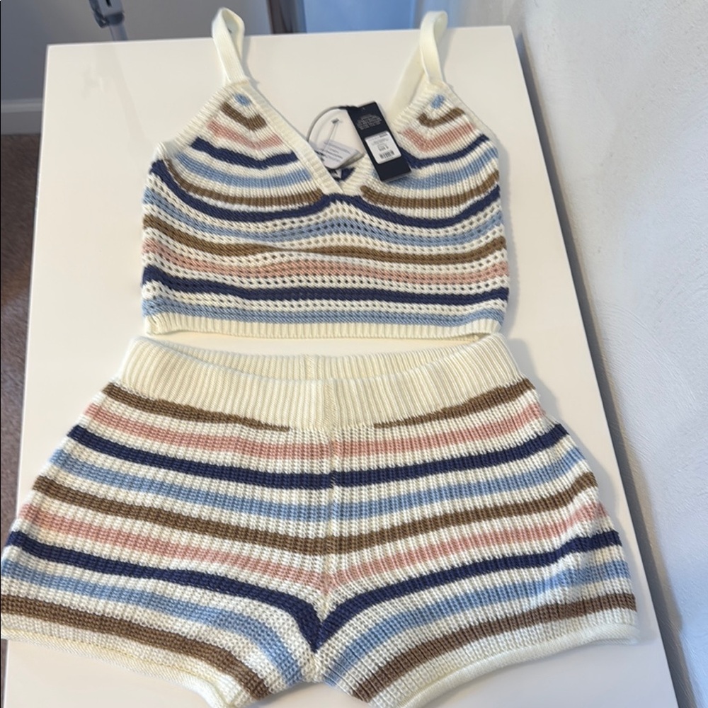 Fashion Nova Striped Knit Set - Cream, Blue, Brown, Pink